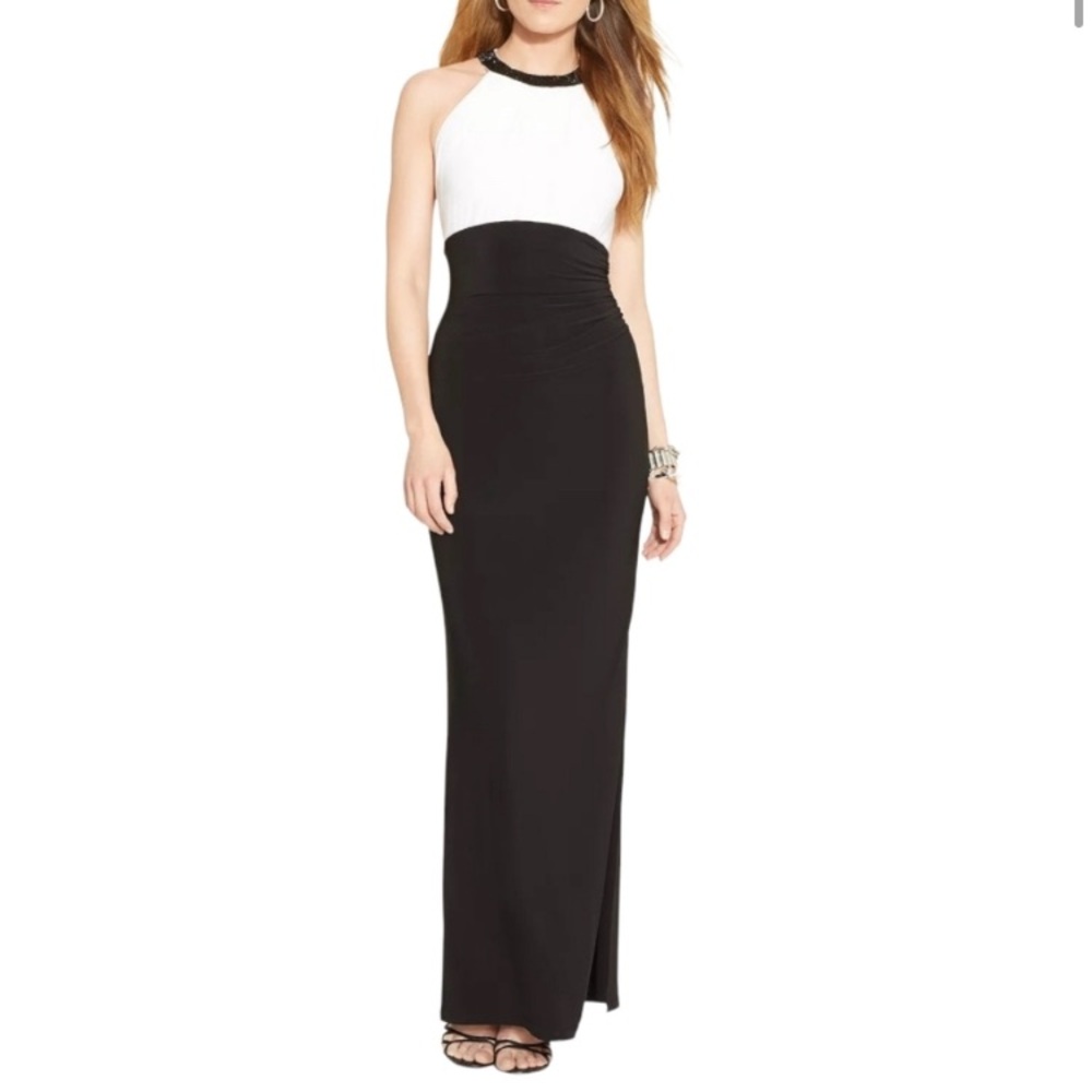 Ralph Lauren Evening Gown Full Length Maxi Two Tone Black Beaded Halter 4 Small